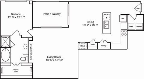 Floor plan for 1 bed, 1 bath, 1173 sqft